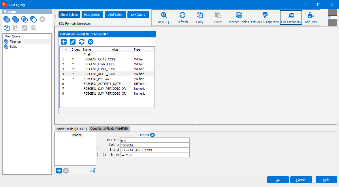 This is the Edit DataBlock dialog with Show Unions selected.   The Report Query tab is selected, showing icons that are used to specify a standard union, union all, and intersect union.